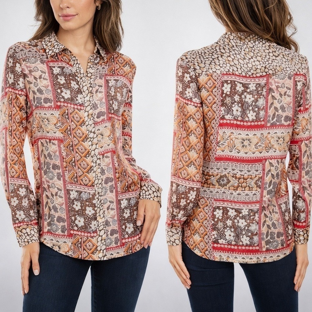 J. McLaughlin NEW Darcey Silk Blend Brown Patchwork Button Front Shirt Top SZ XL